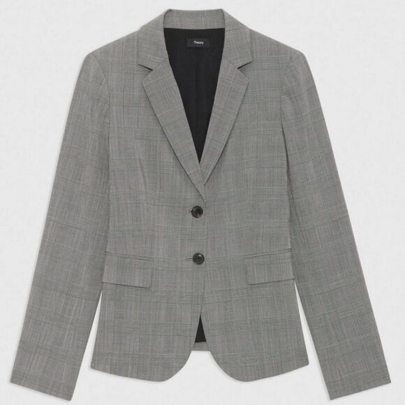 Theory Carissa Women's 8 Slim Tartan Plaid Wool Gray Two Button Blazer - Picture 2 of 15